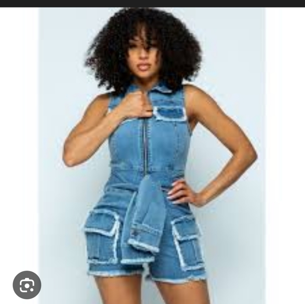 Sleeveless Blue Denim Romper with Front Zip